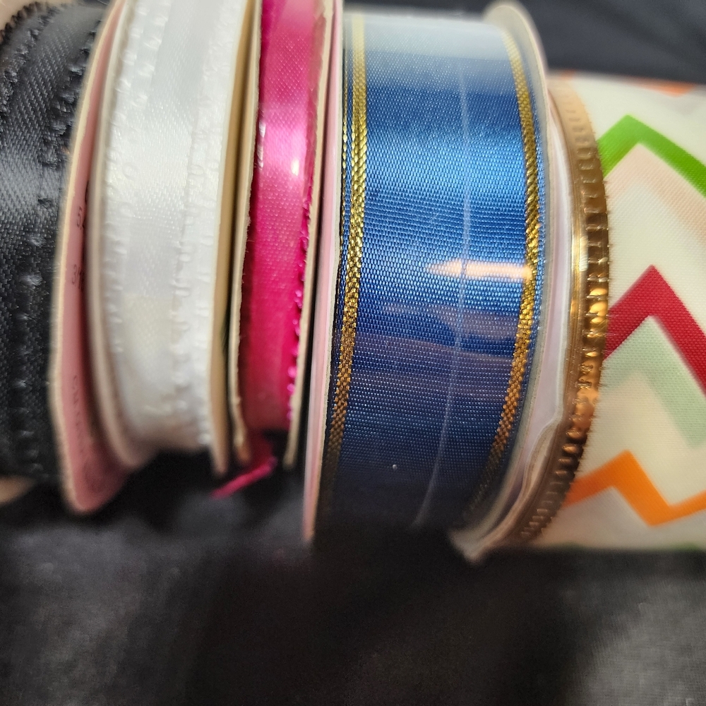 Vintage Colorful Ribbon Set with Chevron Pattern Gold Trim, 8 Spools - Picture 4 of 10